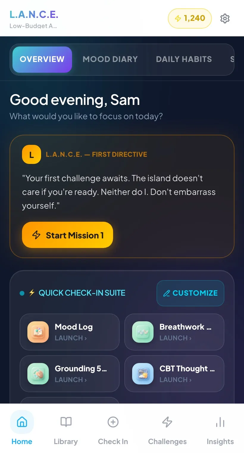 Home overview — daily rhythm, streaks and quick-launch tools