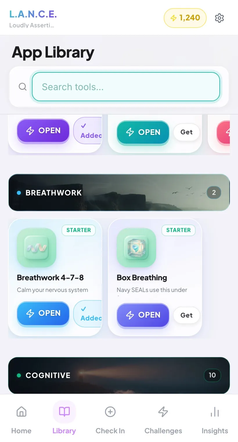 The tool Library — glass cards with 3D icons under scenic category banners