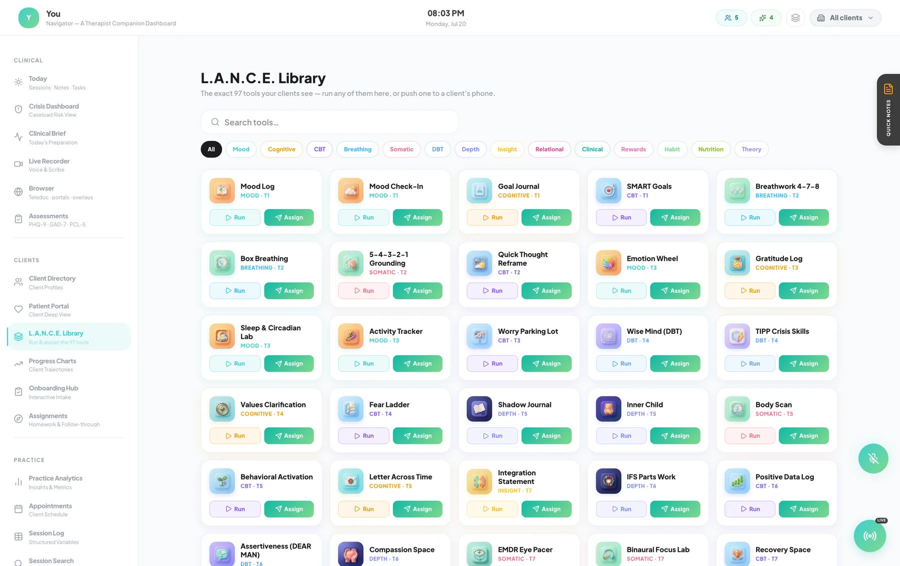 The library of 96 therapeutic tools, runnable inside the app.