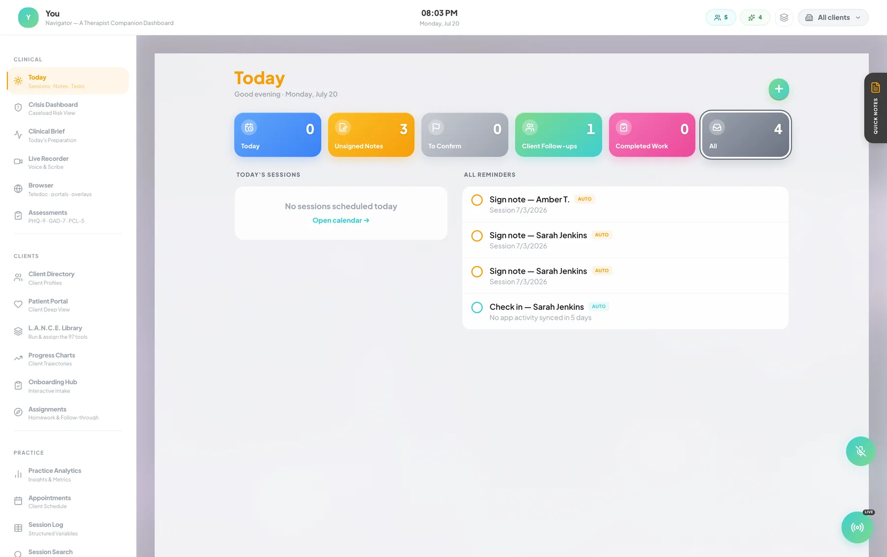 The Today screen: the day's sessions and the tasks that wrote themselves.