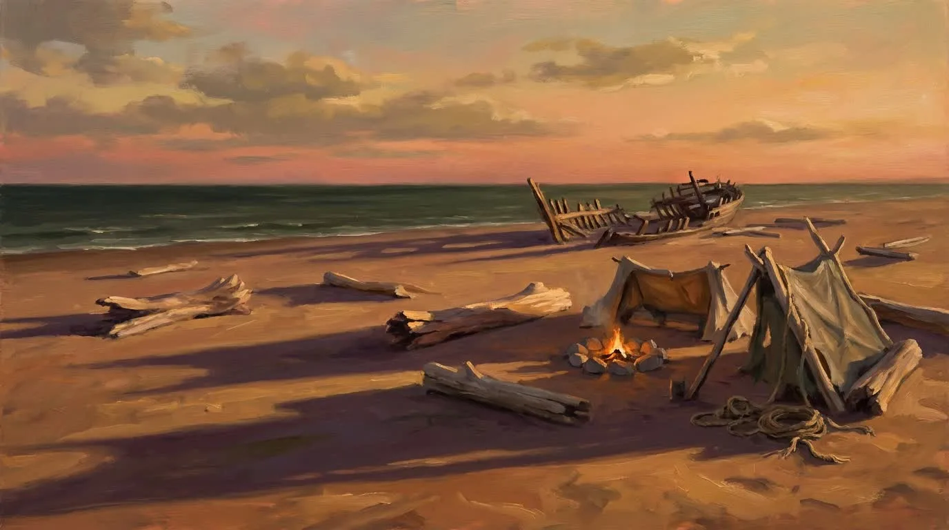 A wrecked ship's bones on the beach at dusk, a small camp with tents and a fire burning beside it