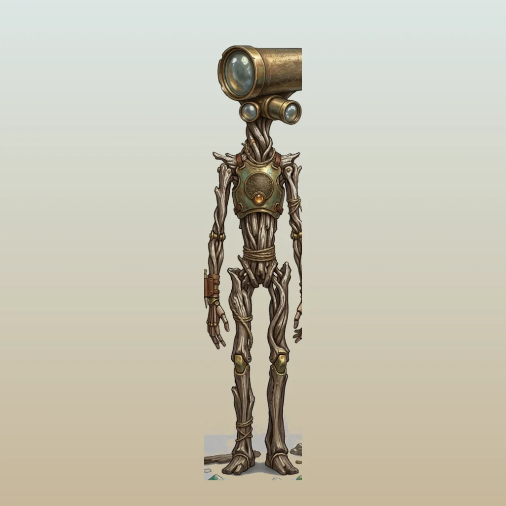 The Lookout — the robot with bottle-glass spyglass eyes watching the sea