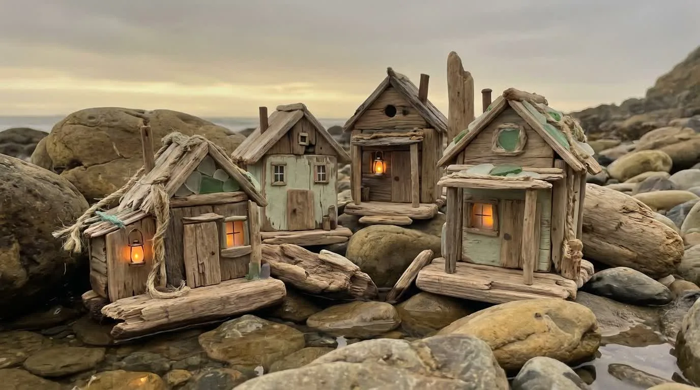 The Jumble's village — driftwood robots' huts at dusk
