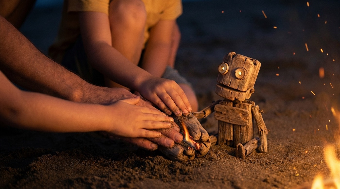 Hands of different sizes smothering a flame on a small driftwood robot's fist