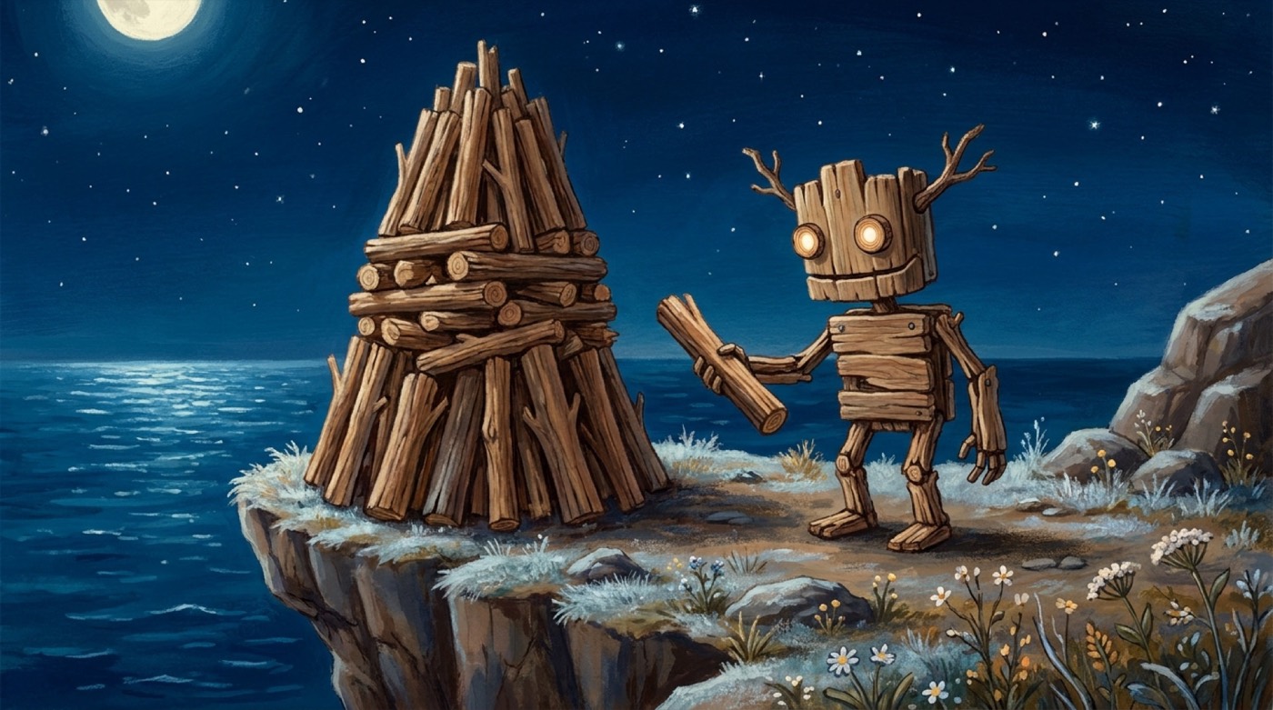 A tall unlit signal fire on a cliff under stars, a small robot restacking a log