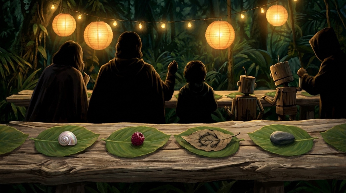 A long driftwood table of leaf-plates holding tiny treasures, lanterns above