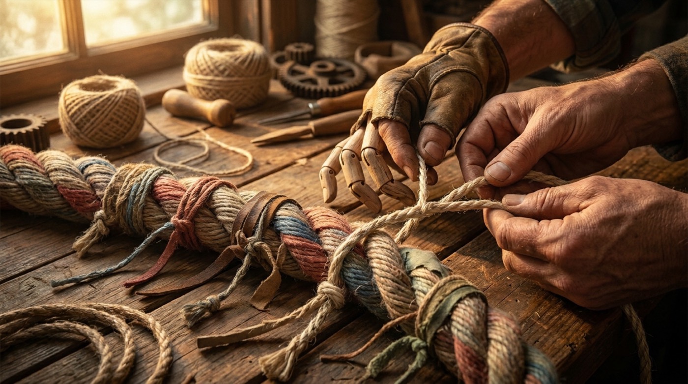 An old rope of many splices, human and wooden hands tying the newest one