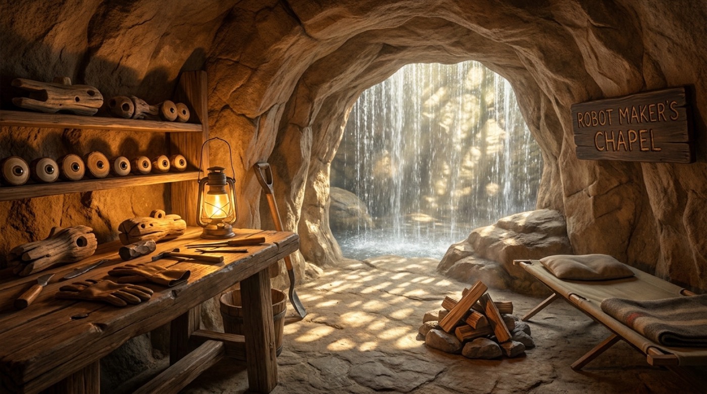A workshop in a cave behind a waterfall, shelves of carved wooden robot parts