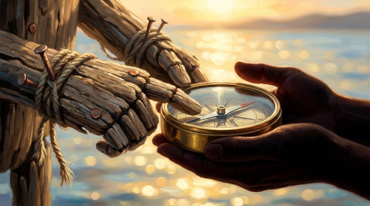 Small wooden hands pressing a brass compass into cupped human hands at dawn