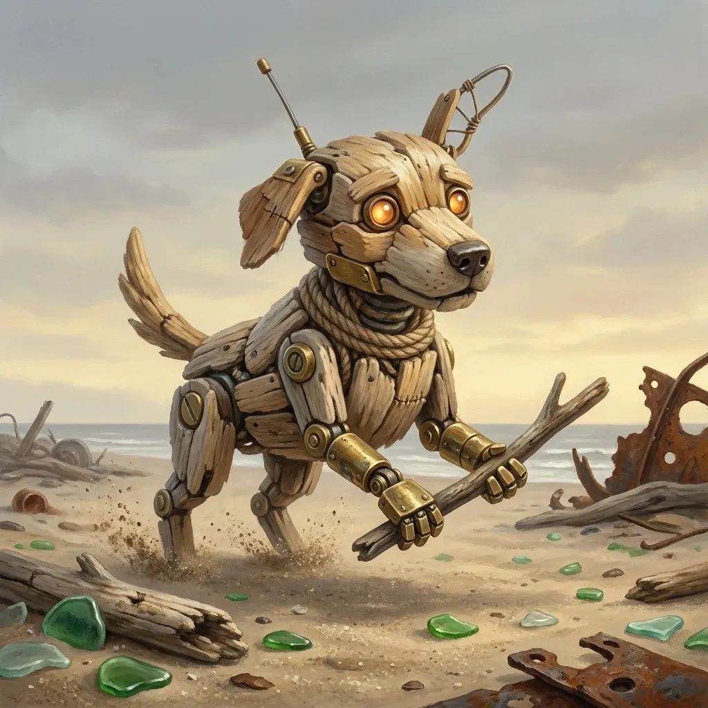 Skip — the small driftwood robot, close portrait