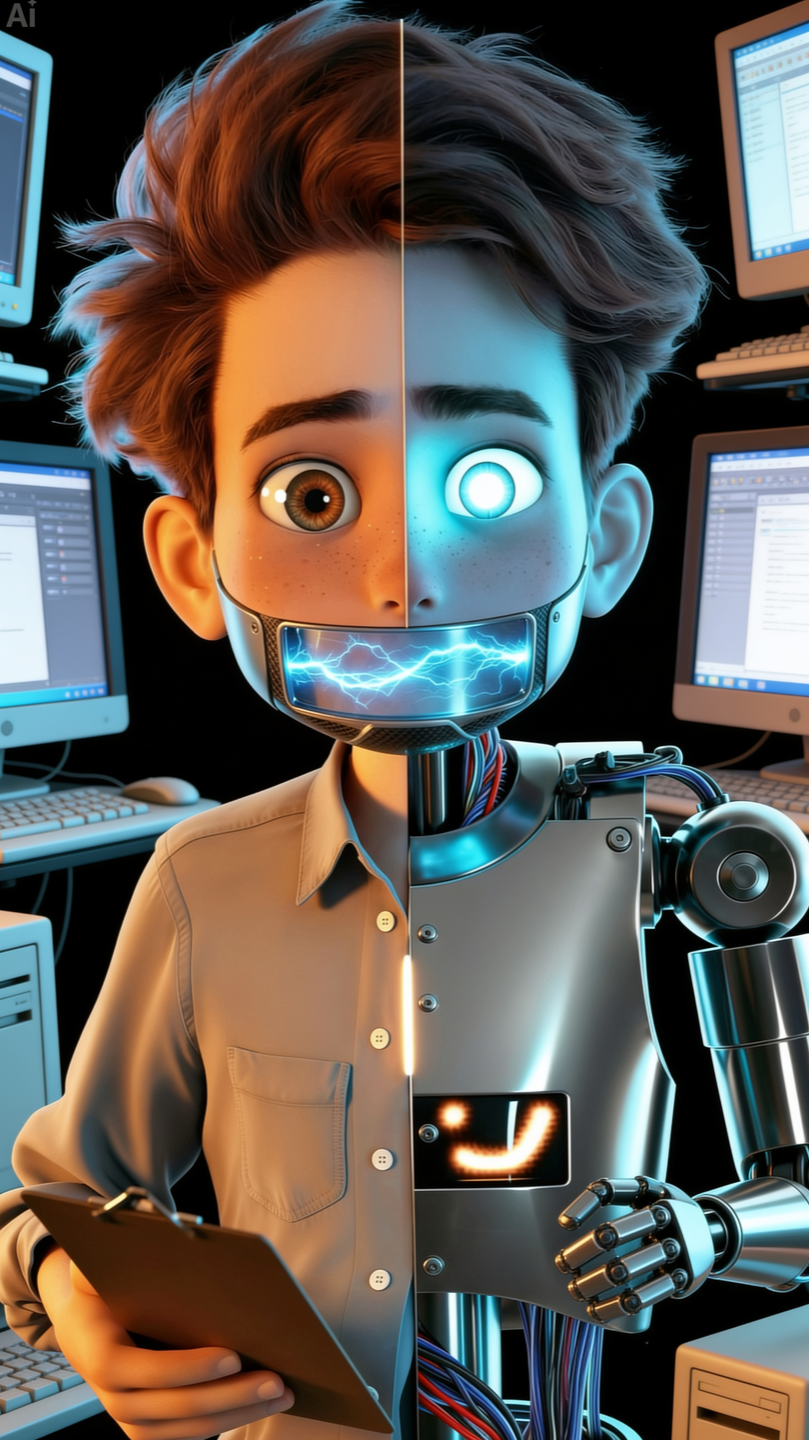 The Intern, your half-human half-robot guide, holding a clipboard