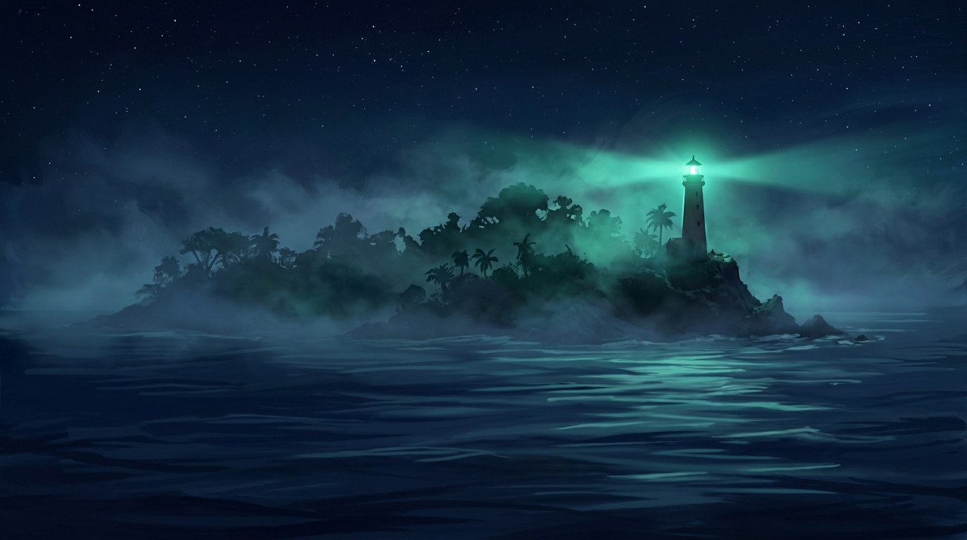 LANCE's island at night — teal lighthouse beam cutting through fog over dark ocean water