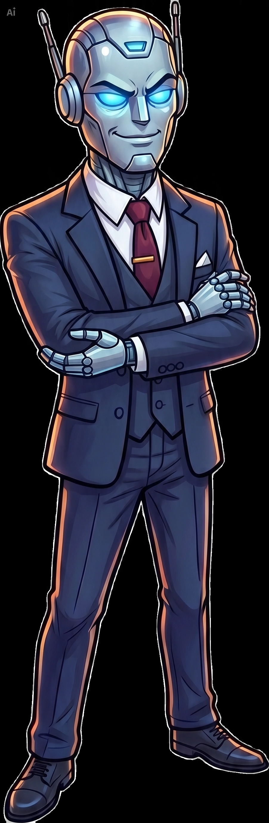 L.A.N.C.E., the cold analytical AI antagonist, arms crossed with a knowing smirk