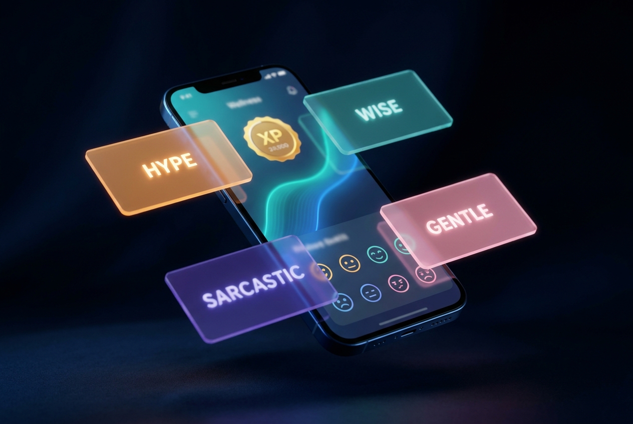 L.A.N.C.E. app showing smartphone with personality selection cards floating around it