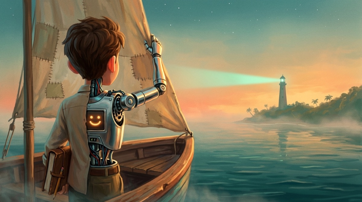 A half-robot boy on a sailboat waves back at a lighthouse whose beam reaches toward him