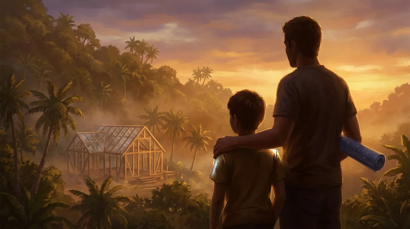 A father and son look over a half-built island research compound at sunset