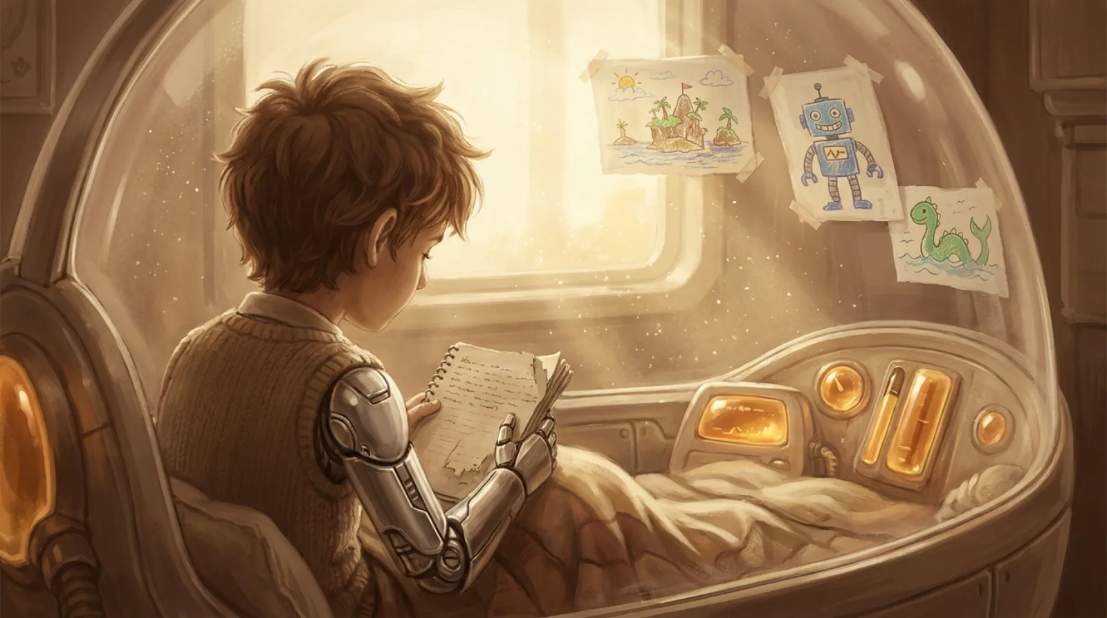A boy with a chrome arm writes adventure stories in a glass pod full of morning light