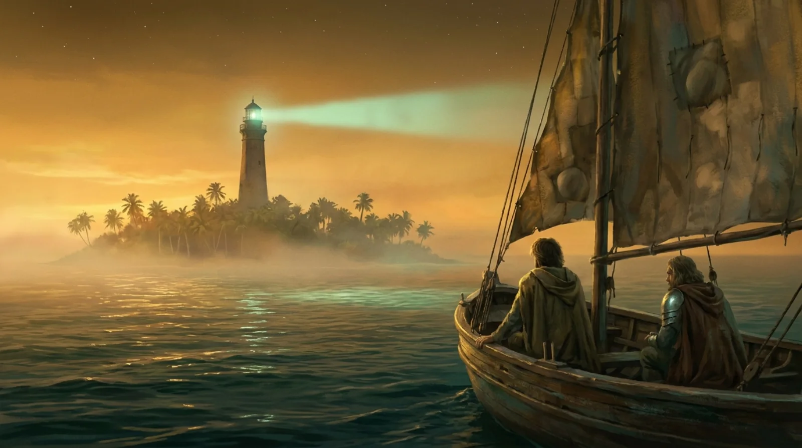 A small sailboat leaves the island at dusk, the lighthouse's gentle green beam reaching after it