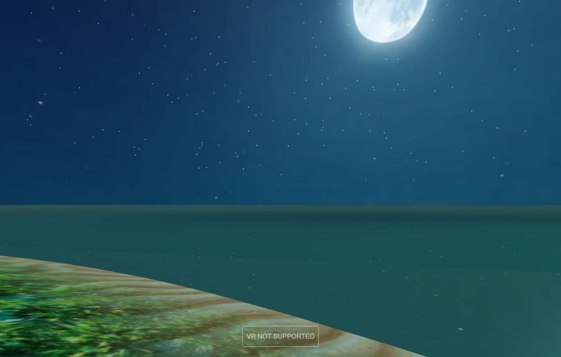 The island's ocean shore at dusk in the walkable 3D world — moonlight on the water