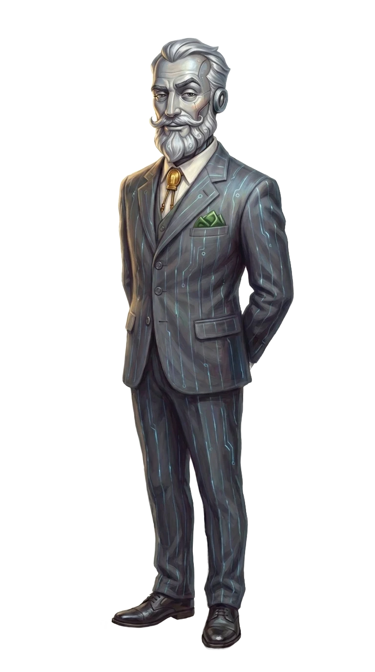 L.A.N.C.E. — painted portrait, silver-haired in a circuit-patterned suit