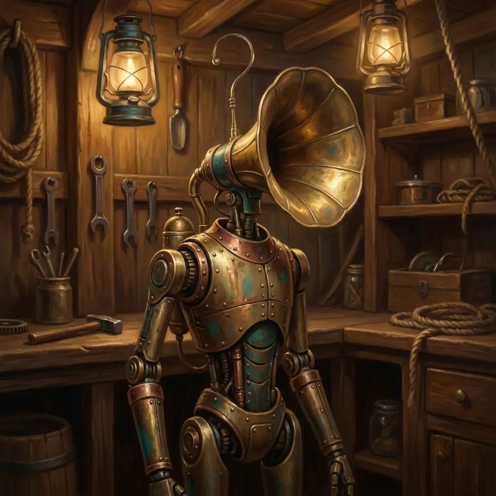Echo — a slender robot with a brass radio horn for a face