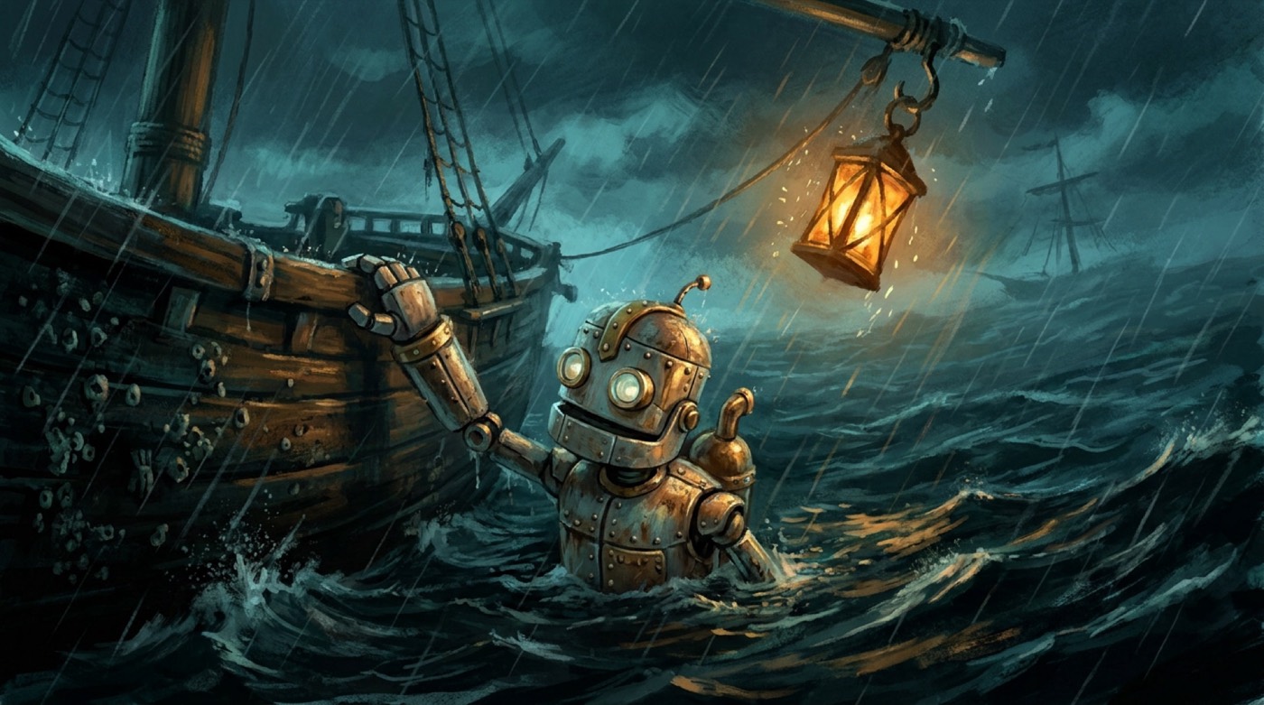 A small brass robot in black water at night, one hand reaching back toward the ship