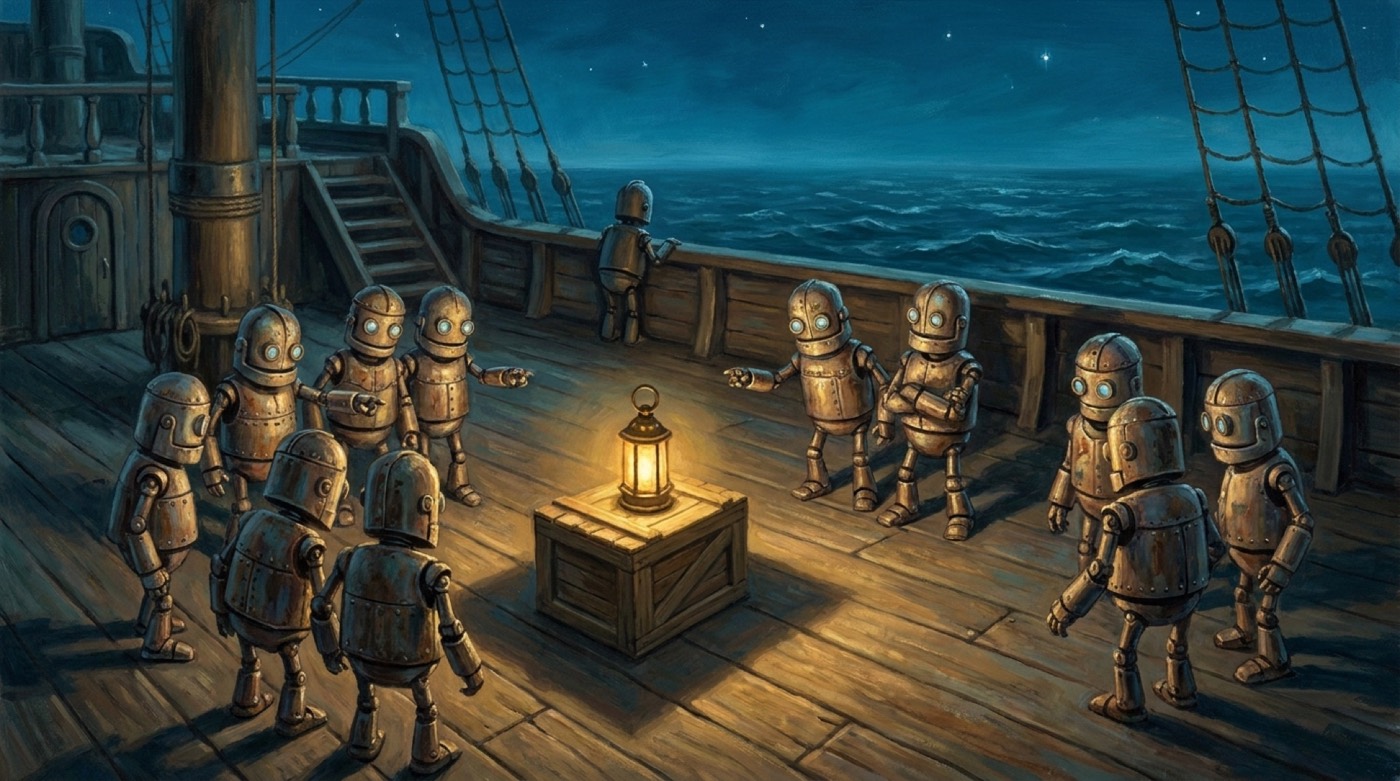 Robots standing apart in accusing knots on a lantern-lit deck at night