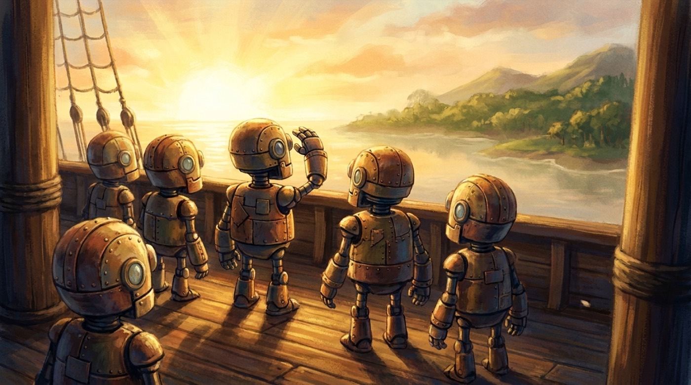 The whole robot crew at the bow at sunrise, facing a green coastline