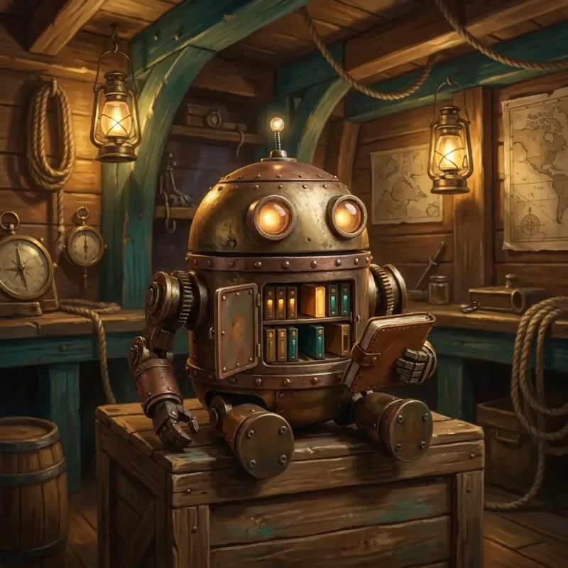 Buddy — a round brass robot with a chest of glowing memory boards