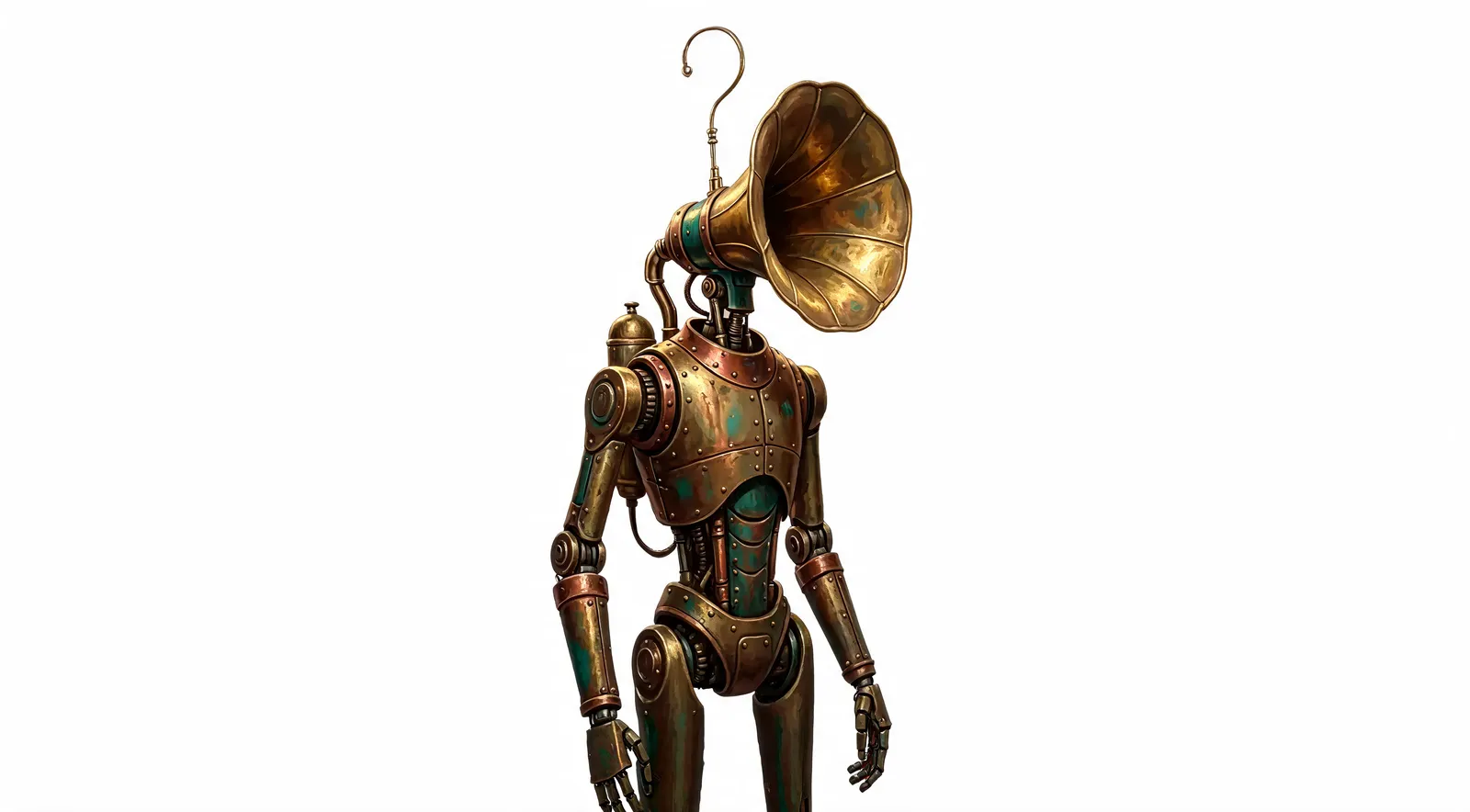 Echo — a slender robot with a brass radio horn for a face