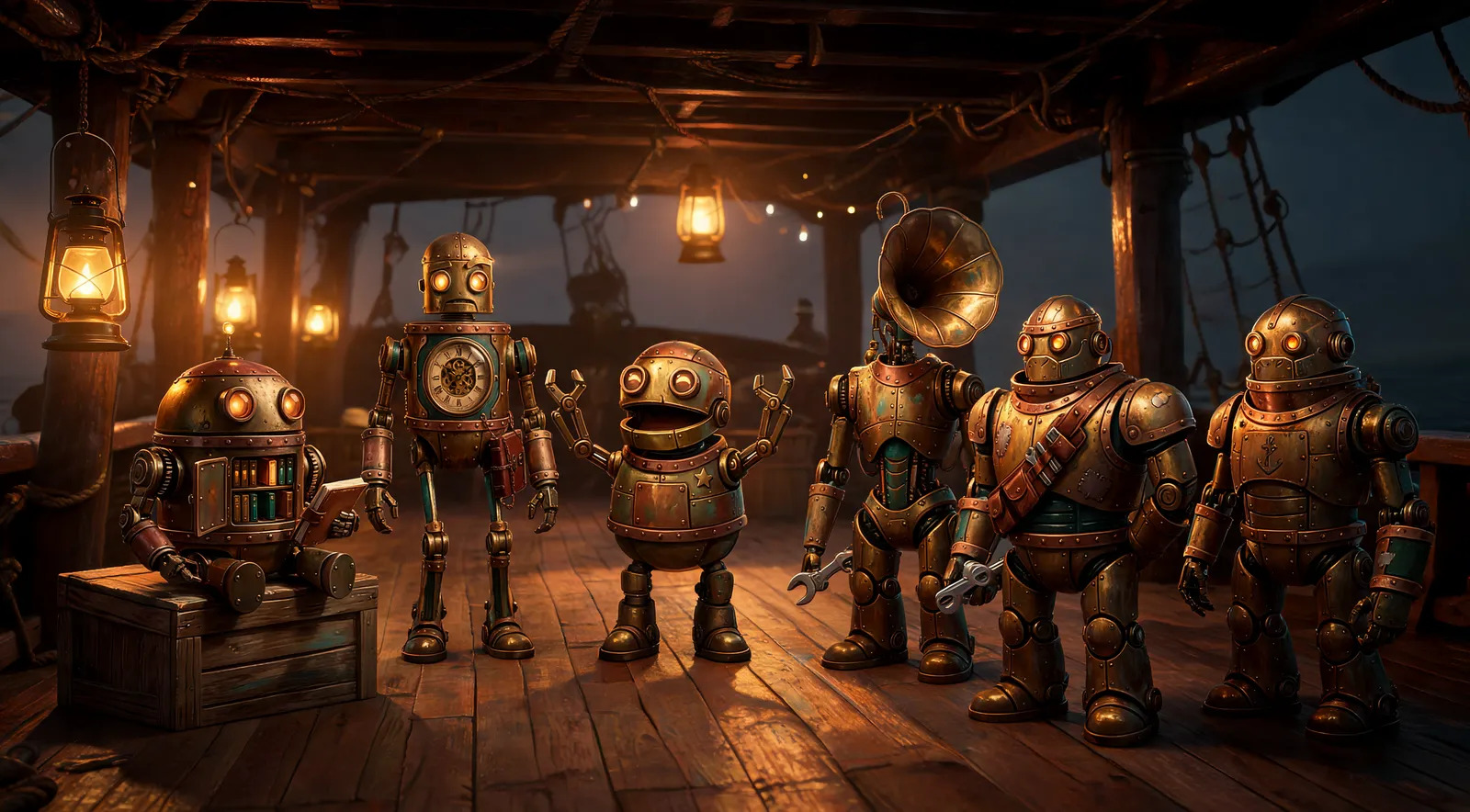 The full crew of robots gathered around a lantern-lit mess table below deck