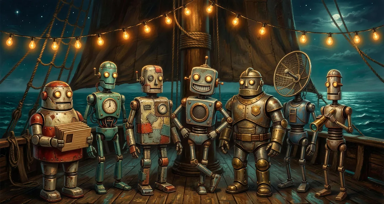 The Wayward Crew on deck under the marquee lights — Buddy holding the memory boards with one slot empty