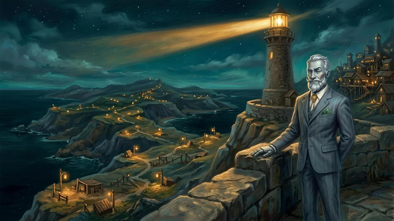 L.A.N.C.E. at the lighthouse, every station on his island lit below him