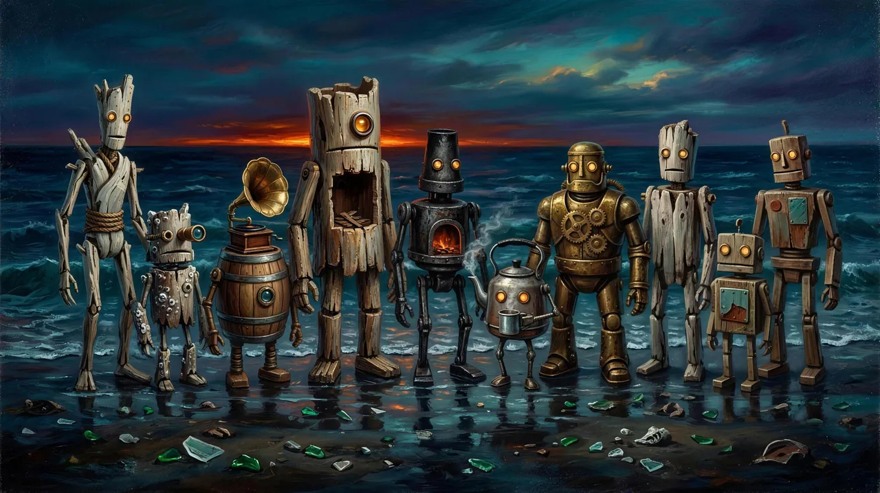The Jumble — all ten driftwood robots on the tideline as the sun goes down