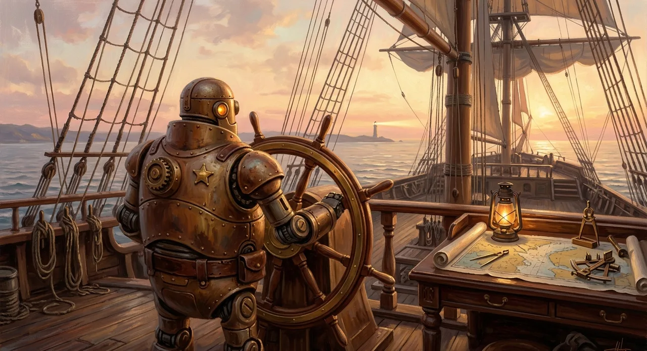 The First Mate at the ship's wheel at dawn, charts and dividers spread beside him, a lighthouse on the horizon